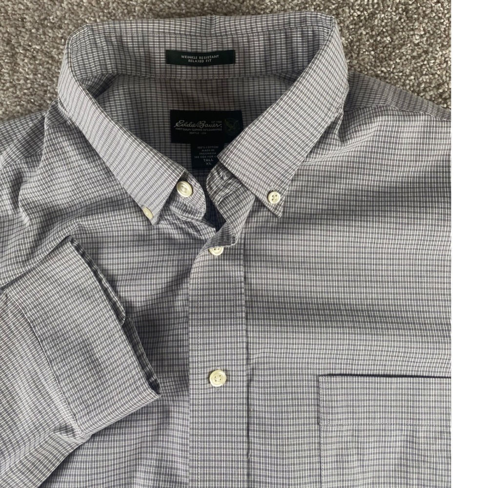 Eddie Bauer Mens XLT Gray White Micro Check Wrinkle Resistant Relaxed Shirt